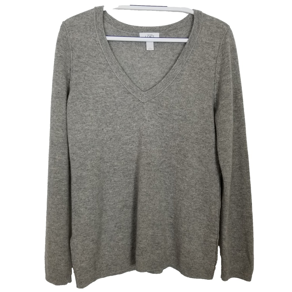 Ann Taylor‎ Loft Women Cashmere Pullover Sweater Sz L Gray V Neck Classic Preppy
